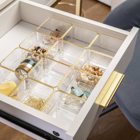 Martha Stewart Kerry 12 Pack Plastic Stackable Office Desk Drawer Organizers with Gold Trim, 3 x 3 BE-PB9052-G-12-CLRGLD-MS